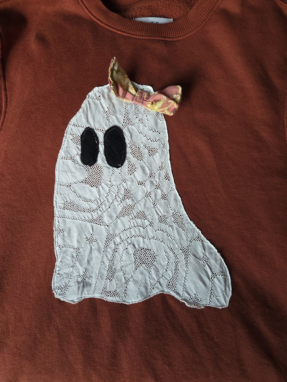 Upcycled, OOAK, Lace Ghost Sweatshirt with Pink Hair Bow, Halloween, Spooky
